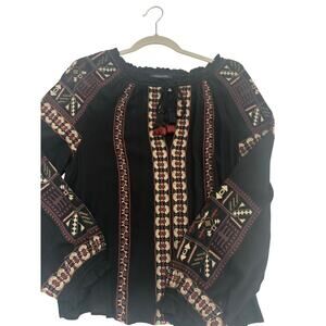 American Eagle Black Boho Embroidered Peasant Top Tassel Tie Neck Long Sleeve S